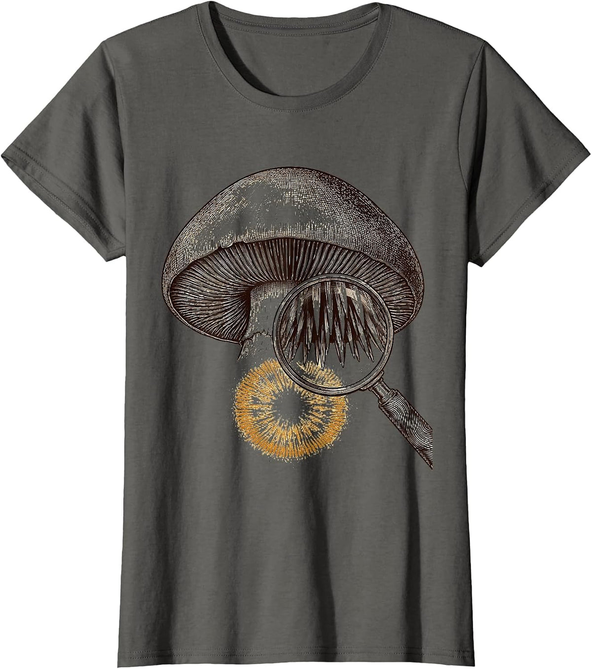Women's Oversized Hedgehog Mushroom Crosshatch Etching Mycology T-Shirt - Asphalt Grey