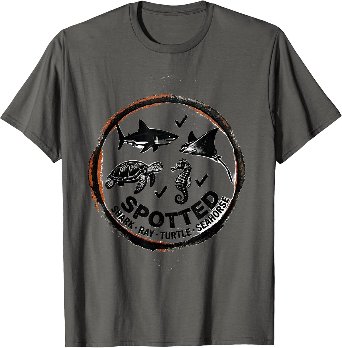 Men's Spotted: Shark, Ray, Turtle, Seahorse Vintage Rubber Stamp T-Shirt - Asphalt Grey