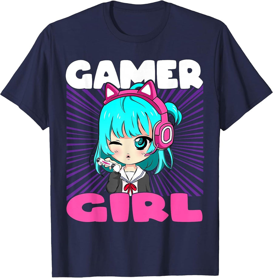 Anime and Gaming Chibi Graphic Video Games Gamer Girl T-Shirt - Navy Blue