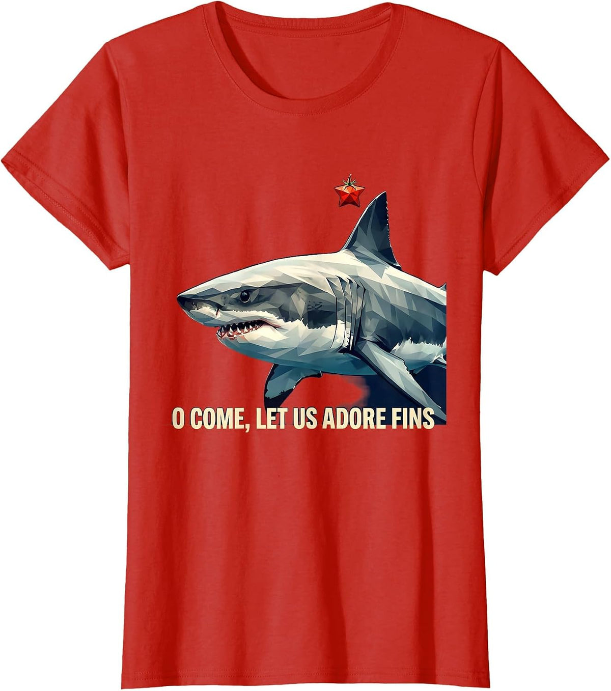 O Come, Let Us Adore Fins Funny Shark Christmas Pun Humor T-Shirt - Red