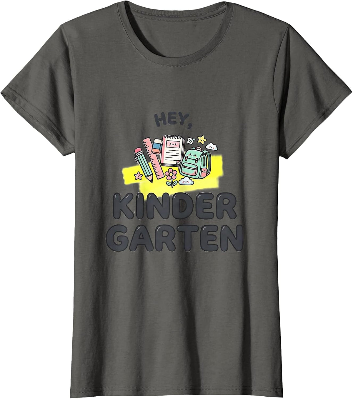 Women's Hey, Kindergarten Kawaii Doodle Back To School Teacher Kids T-Shirt - Asphalt Grey