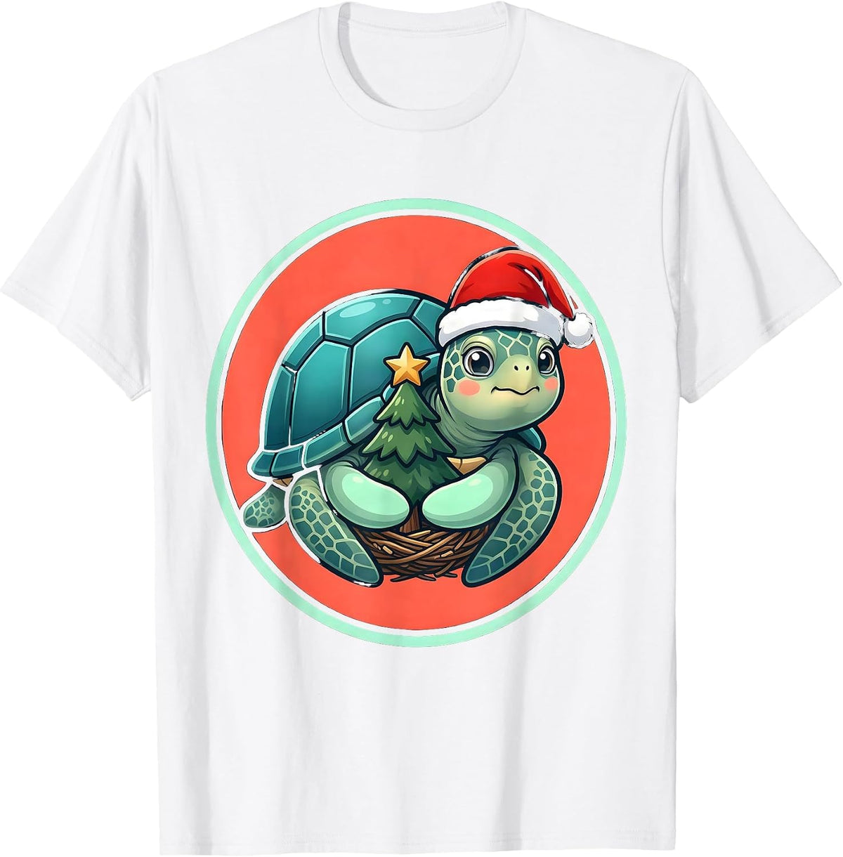 Men's Sea Turtle Santa Hat Cute Kawaii Christmas Novelty T-Shirt - White