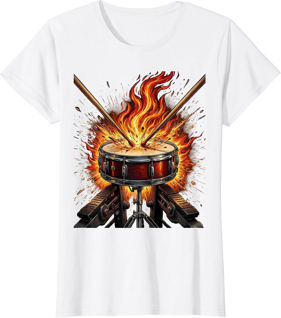 Women's Double Bass Drum Pedal Fire Splash Drummer Art T-Shirt - White