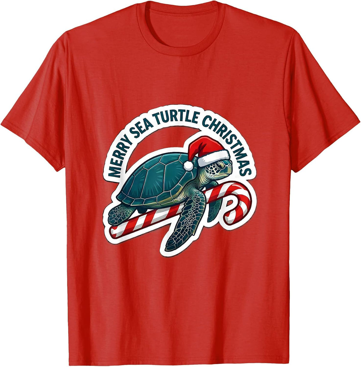 Men's Merry Sea Turtle Christmas Cute Sea Turtle Santa Hat Holiday T-Shirt - Red