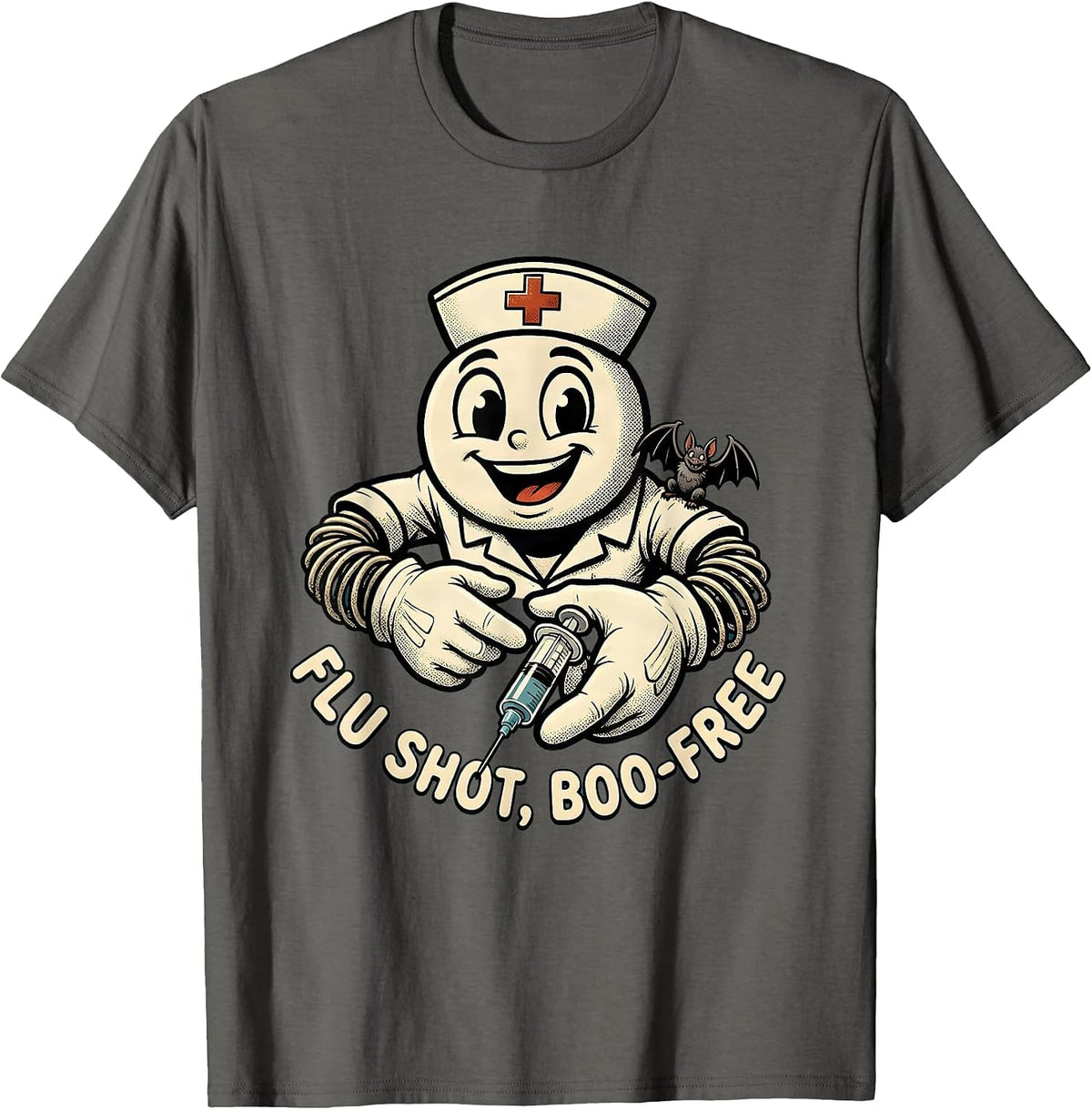 Men's Flu Shot Boo-Free Retro Cartoon Nurse Halloween Humor T-Shirt - Asphalt Grey