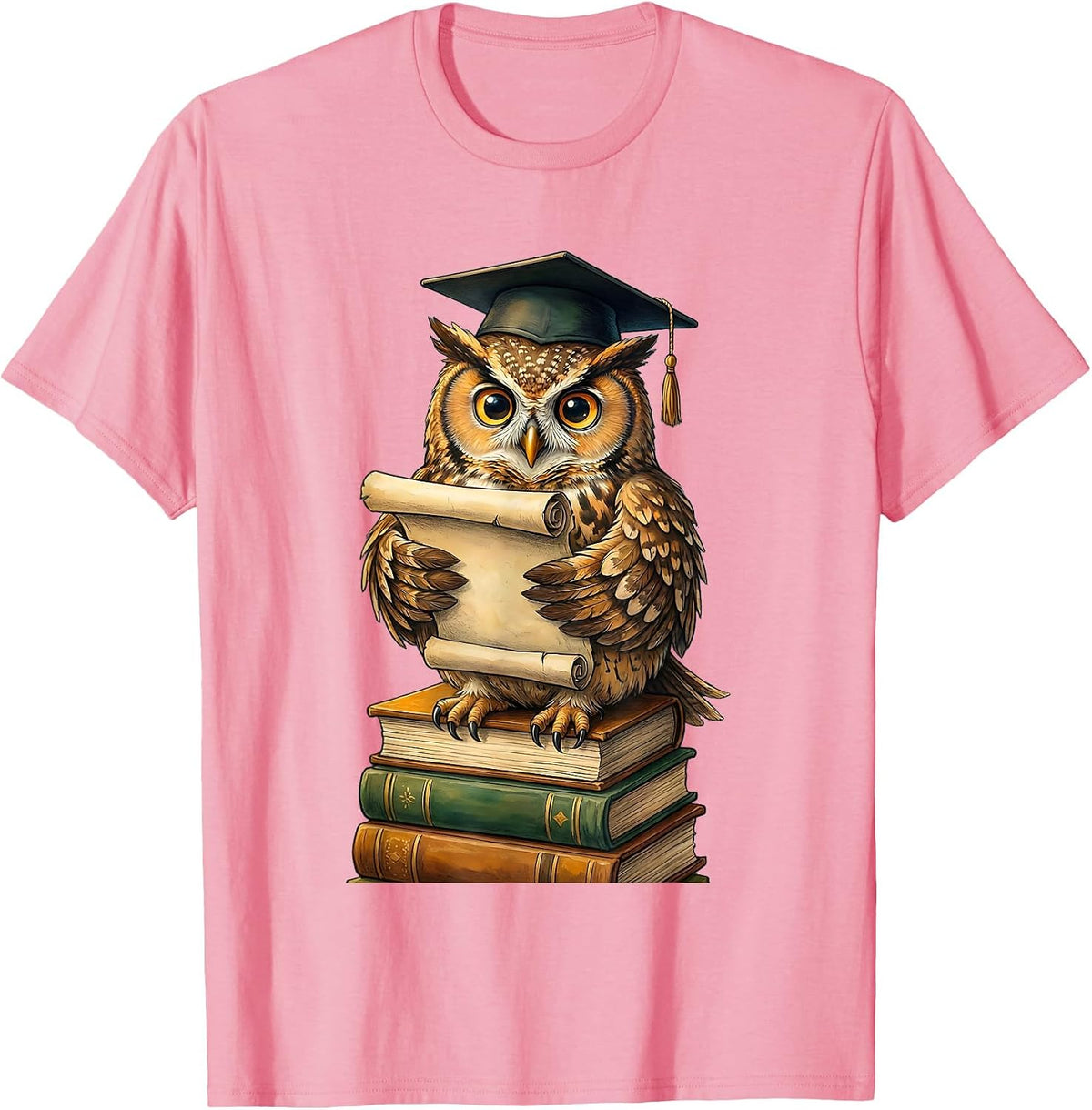 Men's Owl Graduation Cap Reading Scroll Teacher Gift T-Shirt - Pink