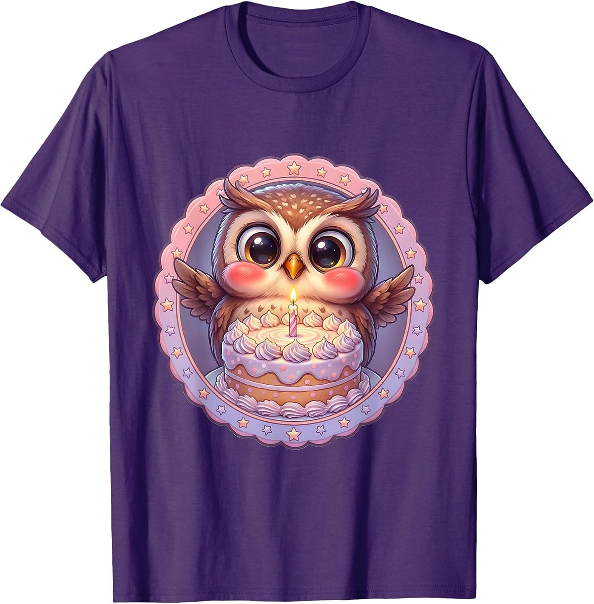 Owl Birthday Cake Candle Celebration Graphic T-Shirt - Purple