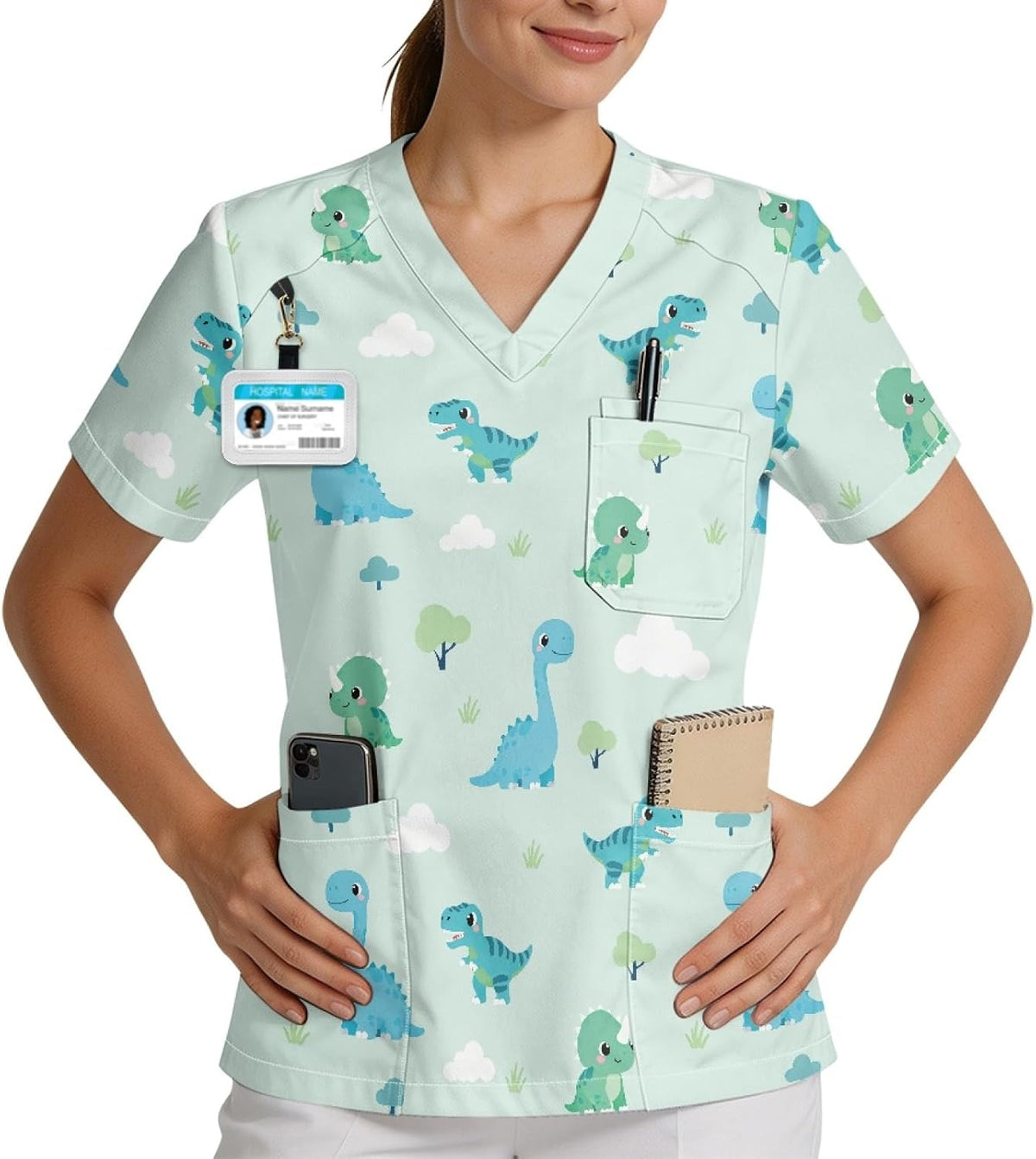 Printed Scrub Top for Women, V Neck Plus Size Work Uniform - Mint Green - Cute Cartoon Dinosaur Print
