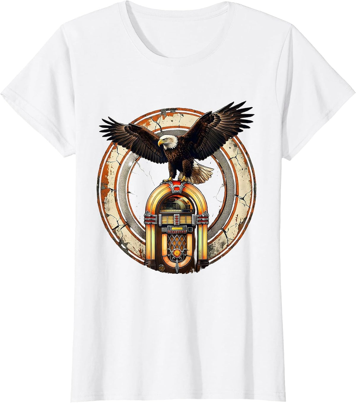 Women's Vintage 1975 Bald Eagle Jukebox Retro Design T-Shirt - White