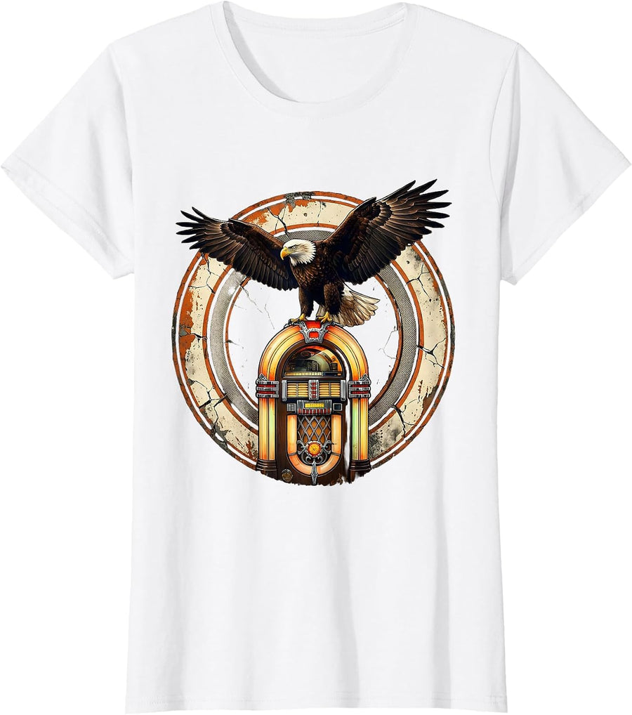 Women's Vintage 1975 Bald Eagle Jukebox Retro Design T-Shirt - White