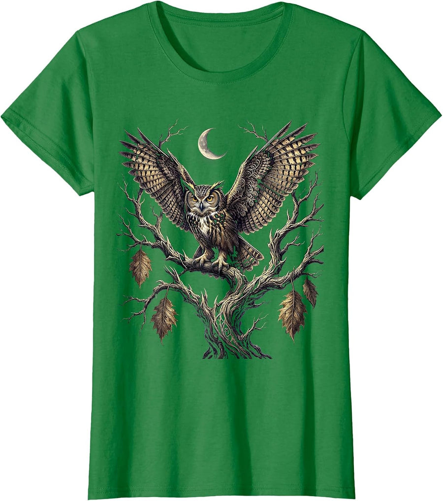 Women's Owl on Autumn Branch Halloween Illustration T-Shirt - Kelly Green