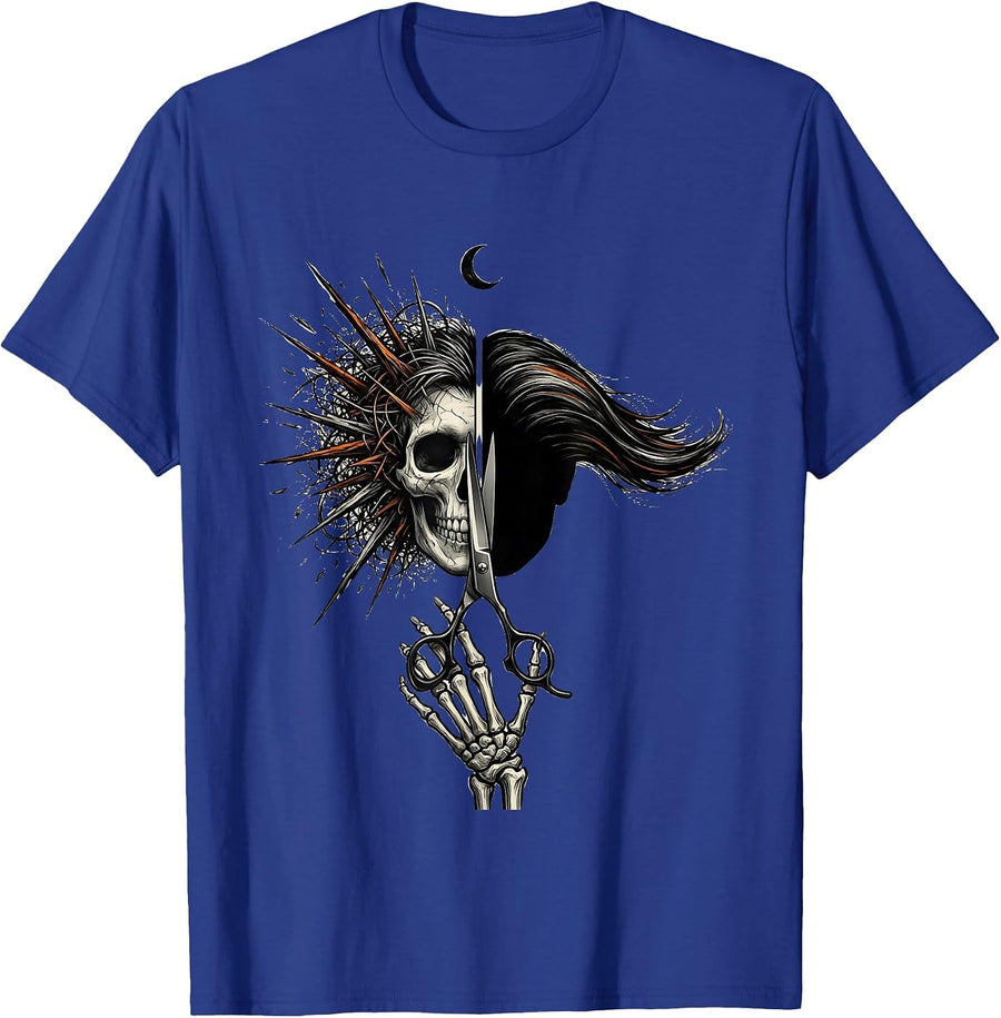 Skeleton Haircut Split Minimal Halloween Hairdresser Humor T-Shirt - Royal Blue