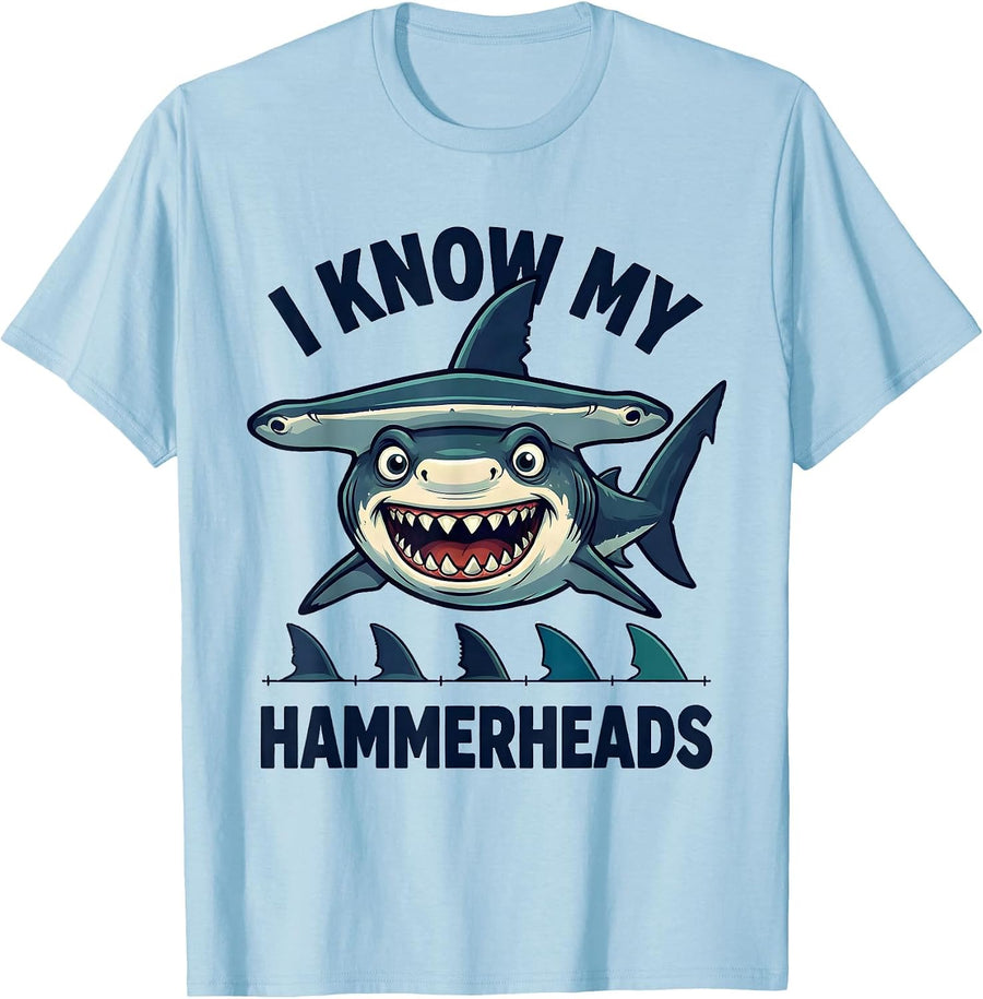 Men's I Know My Hammerheads Funny Cartoon Shark Lover Ocean Animal T-Shirt - Baby Blue