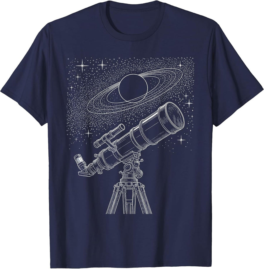 Telescope Night Sky Stargazing Astronomy Design T-Shirt - Navy Blue