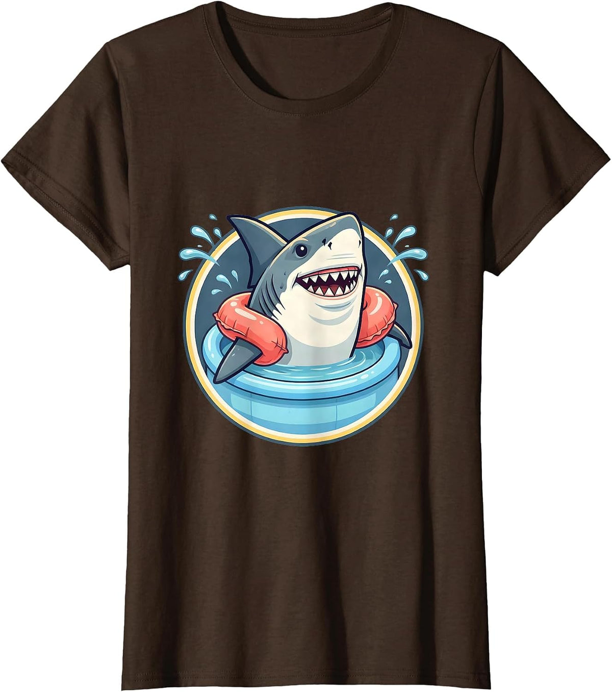 Women's Shark In Floaties Kiddie Pool Funny Illustration T-Shirt - Brown