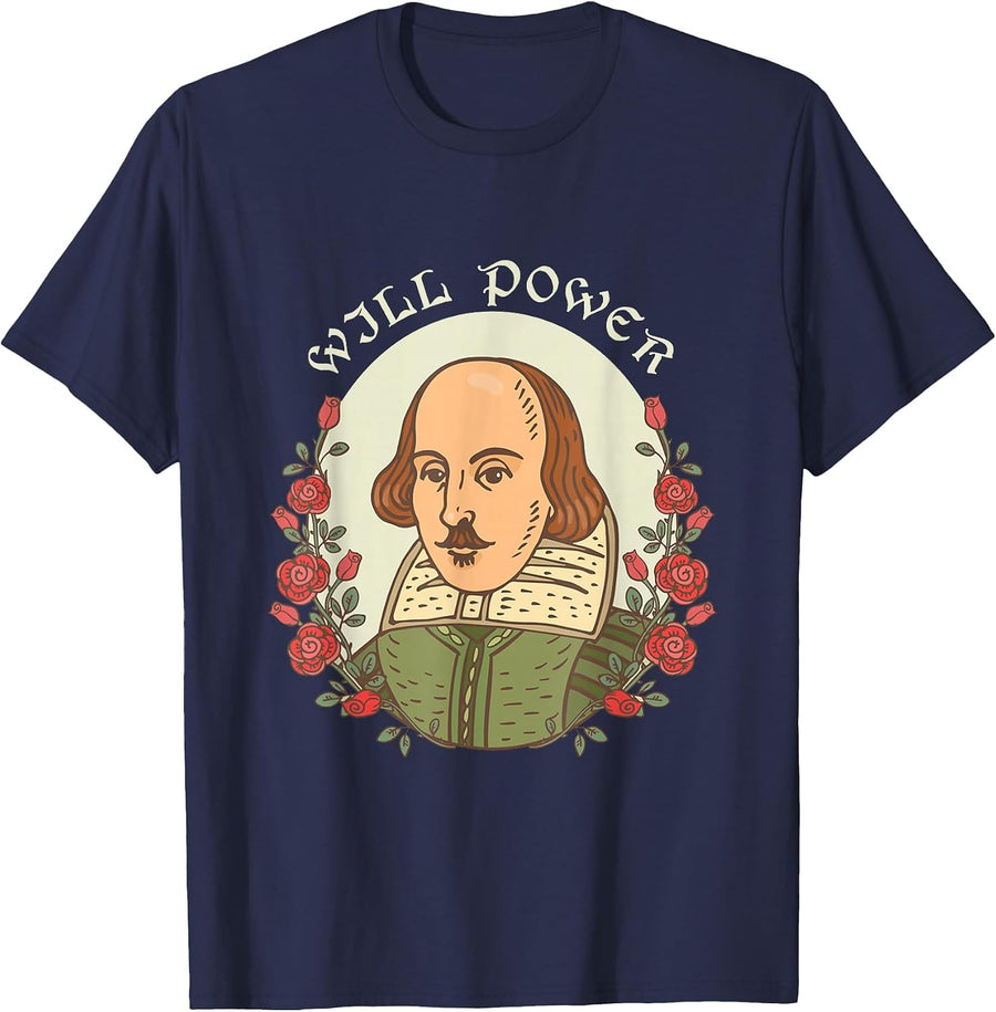 Will Power Portrait of William Shakespeare with Roses T-Shirt - Navy Blue