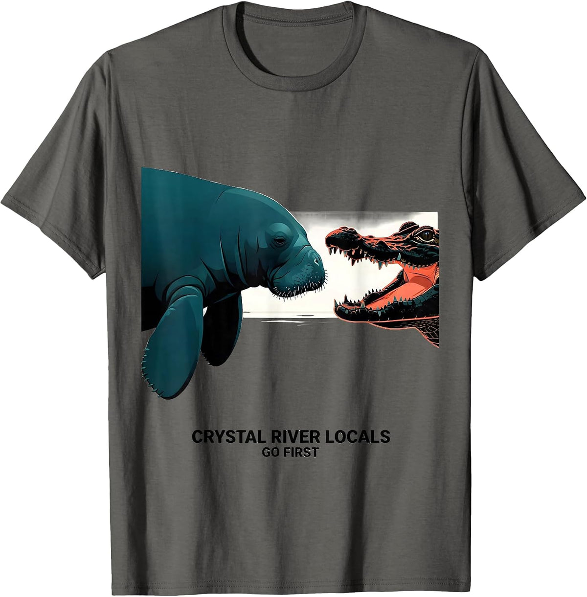 Crystal River Locals Go First Geometric Gulf Coast Manatee T-Shirt - Asphalt Grey