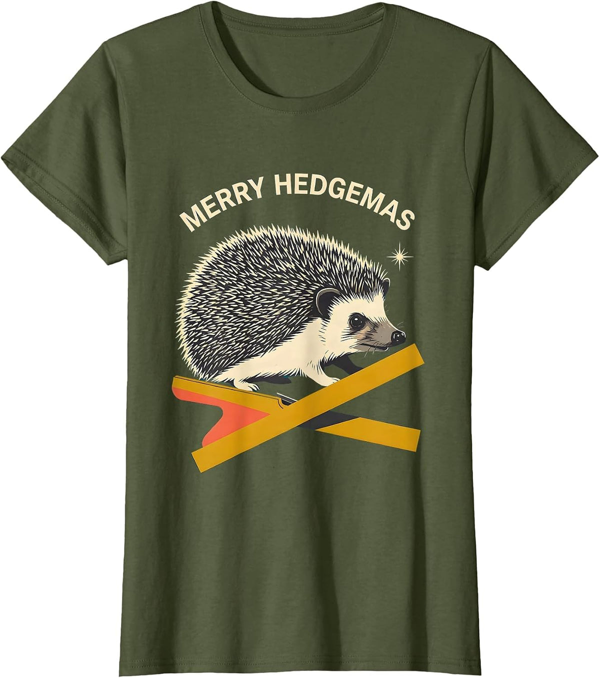 Women's Merry Hedgemas Midcentury Modern Hedgehog Christmas Humor T-Shirt - Olive Green