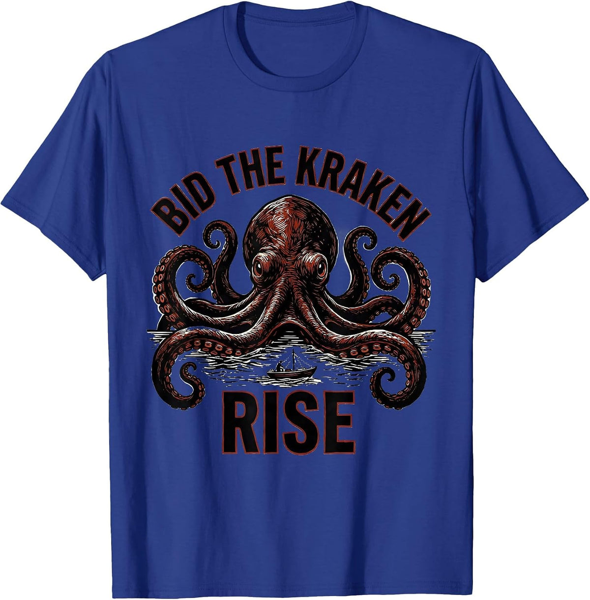 Bid The Kraken Rise Linocut Vintage Sea Monster Octopus T-Shirt - Royal Blue