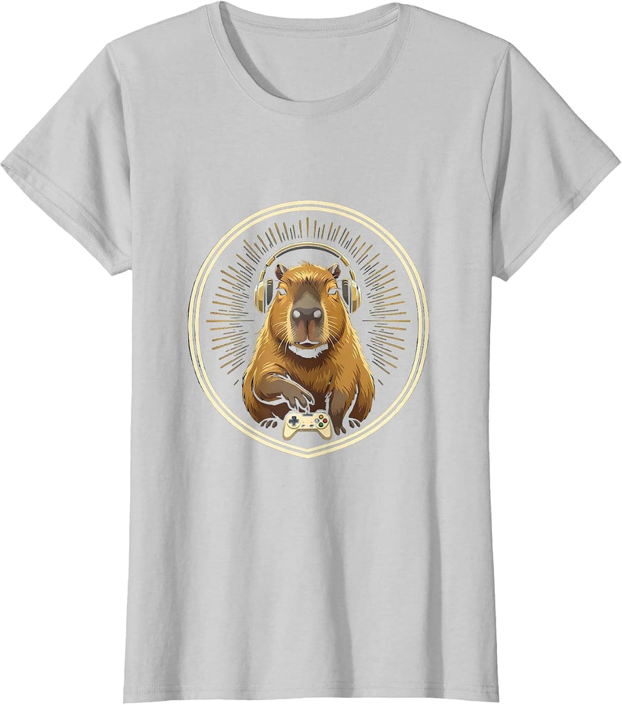 Women's Capybara Gamer Emblem Retro Meme Lover T-Shirt - Silver Grey