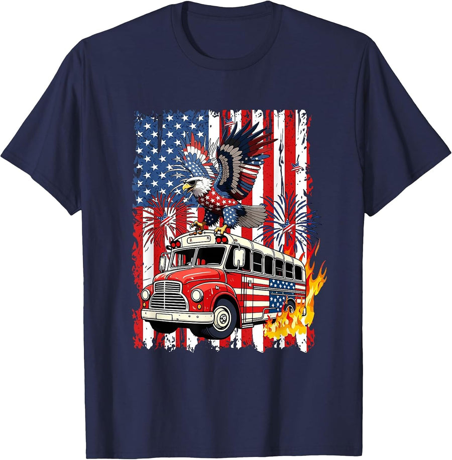 Eagle On School Bus 4th of July US Flag Patriotic Driver T-Shirt - Navy Blue