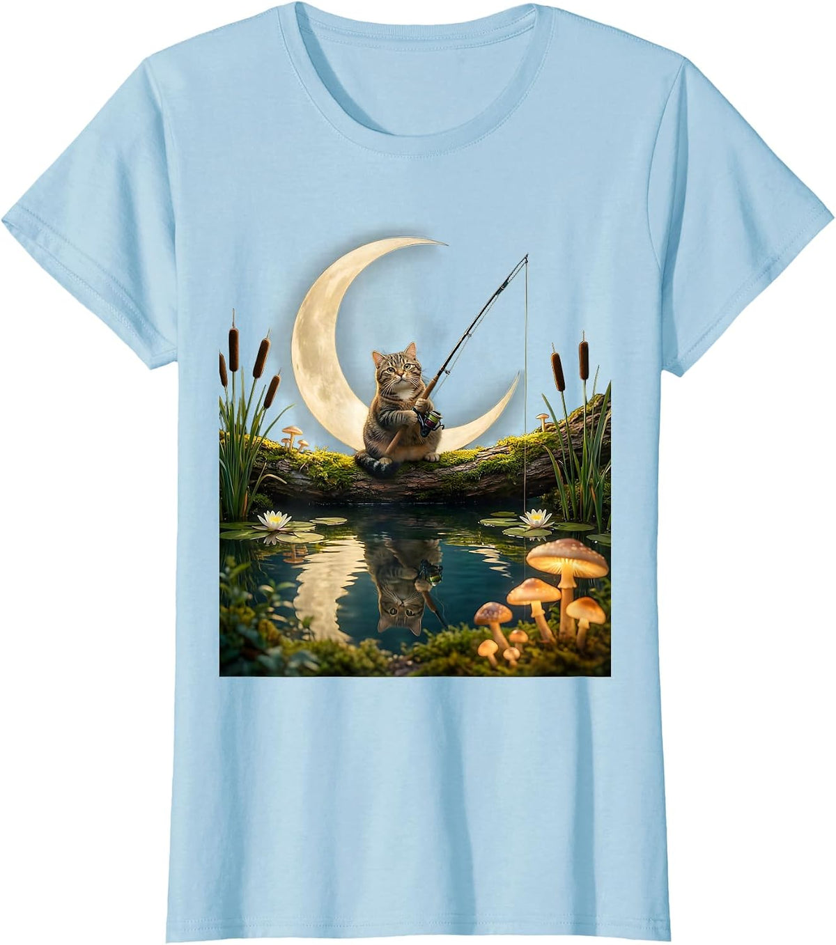 Tabby Cat Fishing at Moonlit Pond T-Shirt - Baby Blue