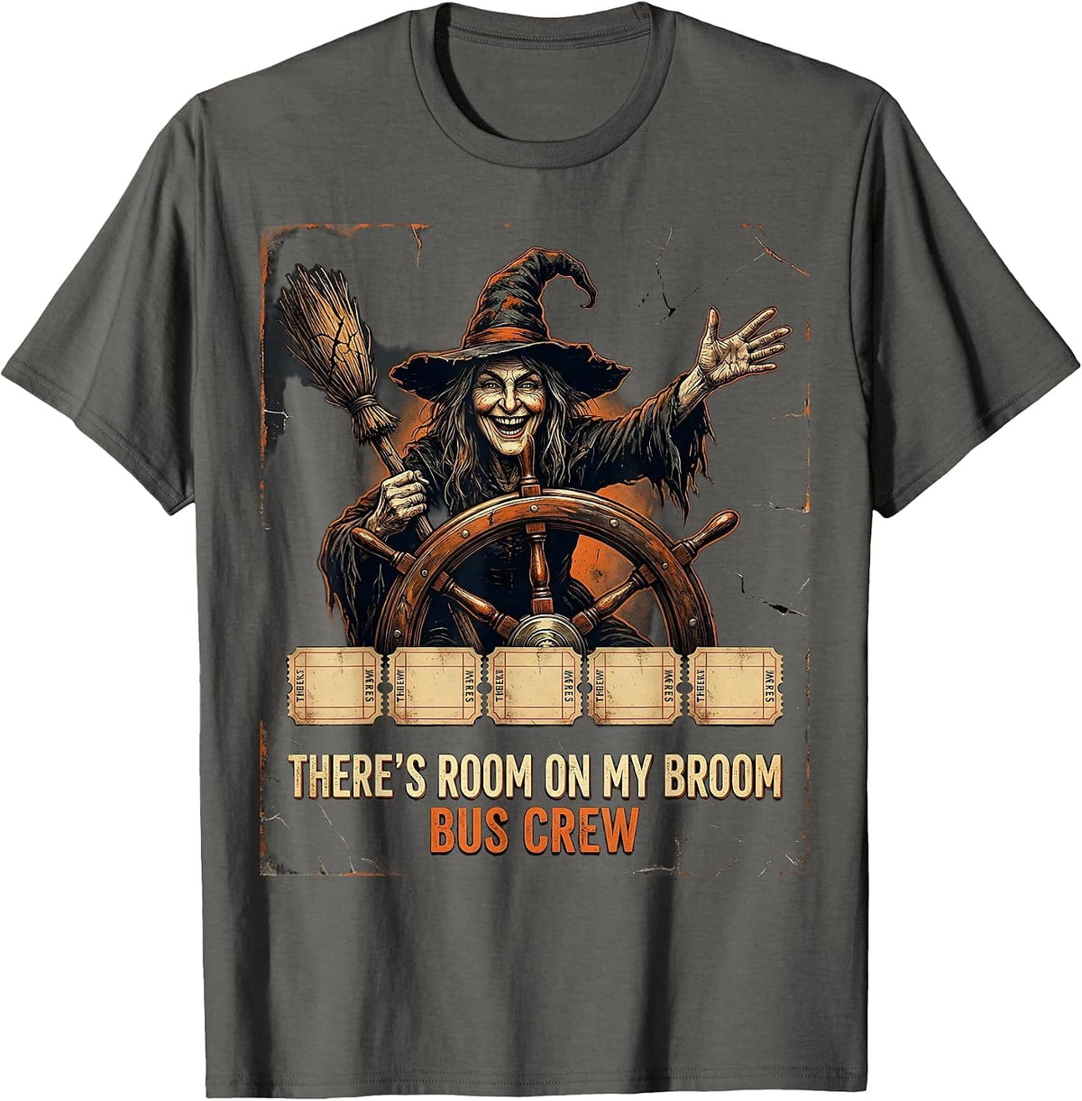 Men's There's Room On My Broom Bus Crew Distressed Halloween T-Shirt - Asphalt Grey