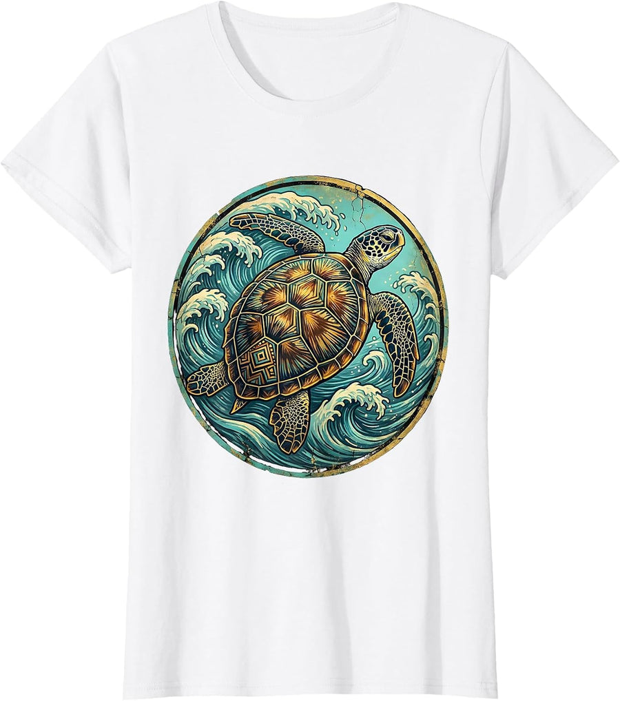 Women's Mexico Sea Turtle Ocean Waves Illustration T-Shirt - White