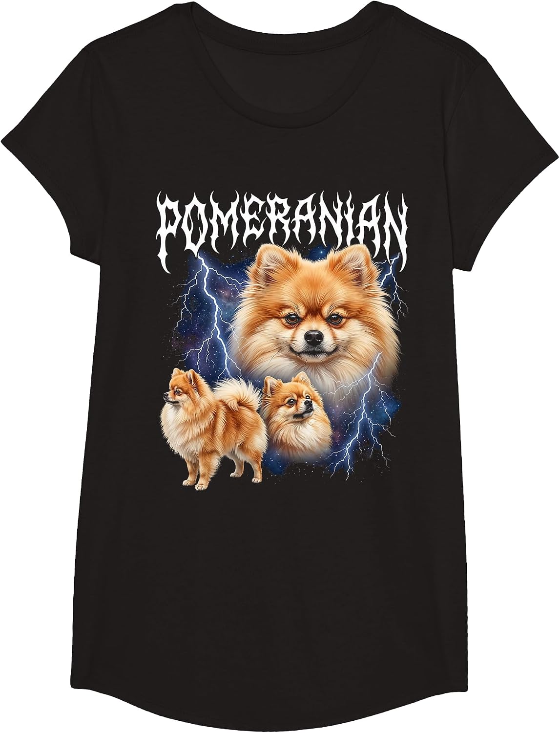 Pomeranian Vintage 90s Heavy Metal Style Dog Pomeranian T-Shirt - Girls Black