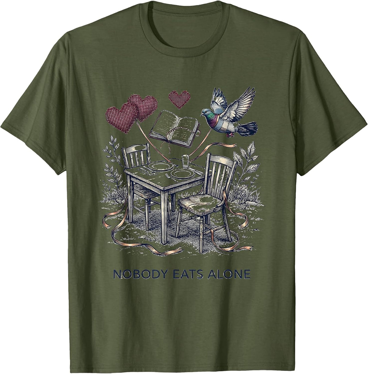 Nobody Eats Alone Funny School Counselor Camp Counselor T-Shirt - Olive Green