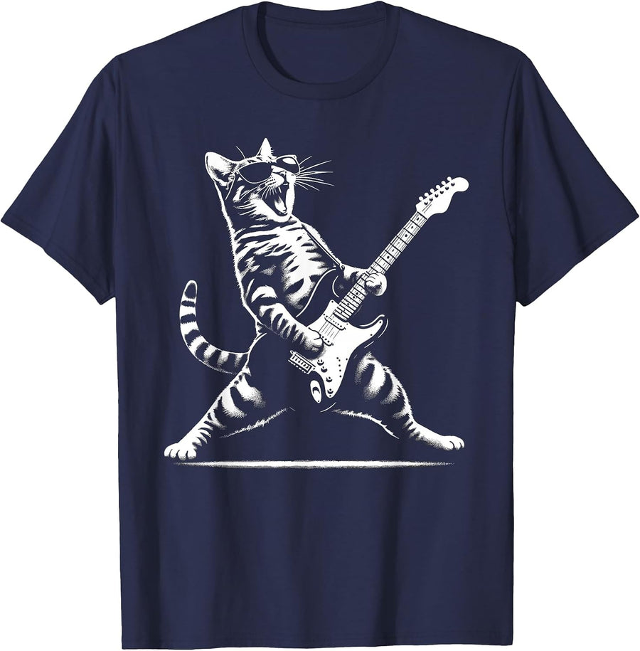 Guitar Cat Novelty Rock Music Band Concert Funny Cat T-Shirt - Navy Blue