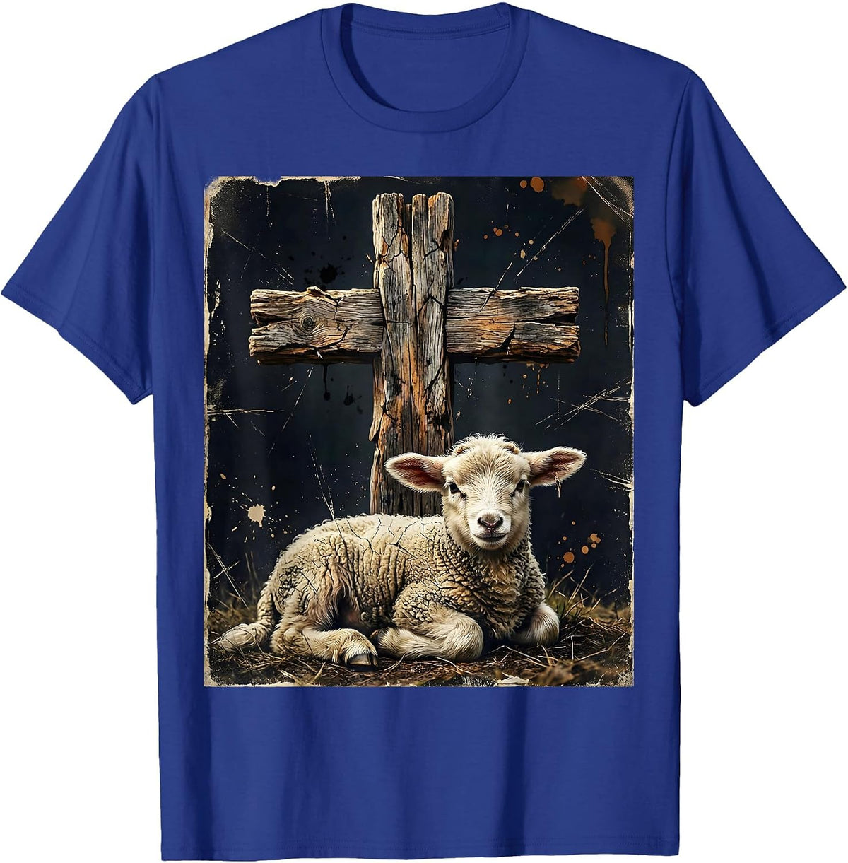 Lamb Resting Beneath the Cross Christian Design T-Shirt - Royal Blue