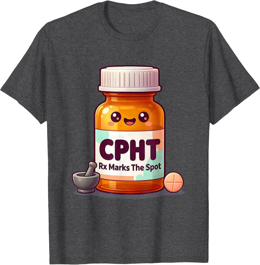 Men's CPhT: Rx Marks The Spot Cute Kawaii Pharmacy Technician Gift T-Shirt - Dark Heather Grey
