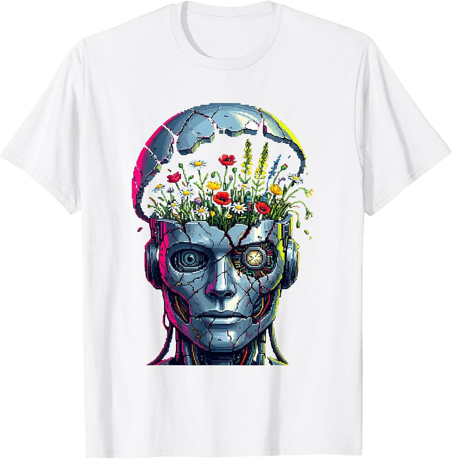 Broken Robot Wildflower Cyberpunk Graphic Design T-Shirt - White