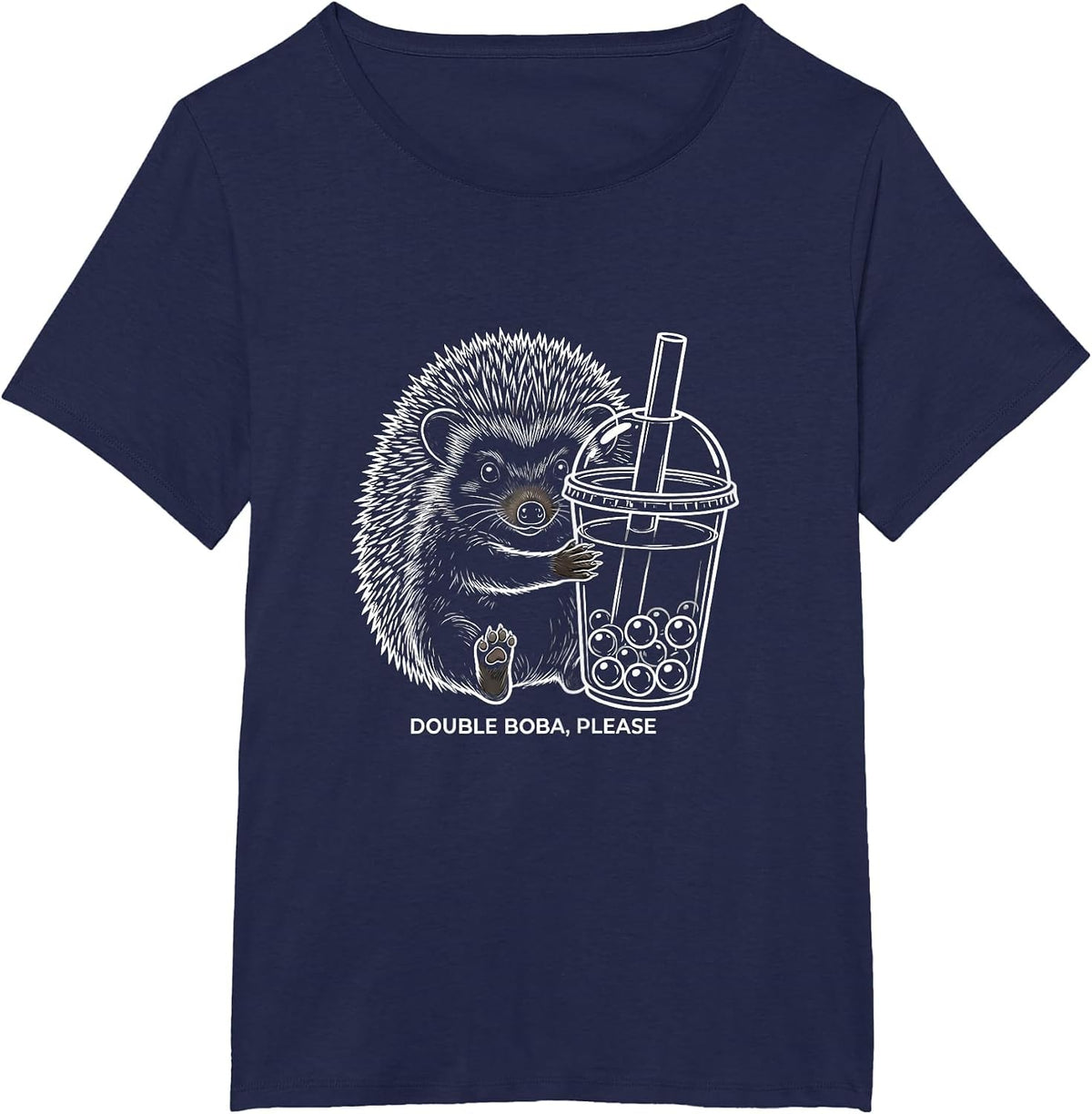 Women's Double Boba, Please Cute Kawaii Hedgehog Boba Tea Lover Gift T-Shirt - Navy Blue
