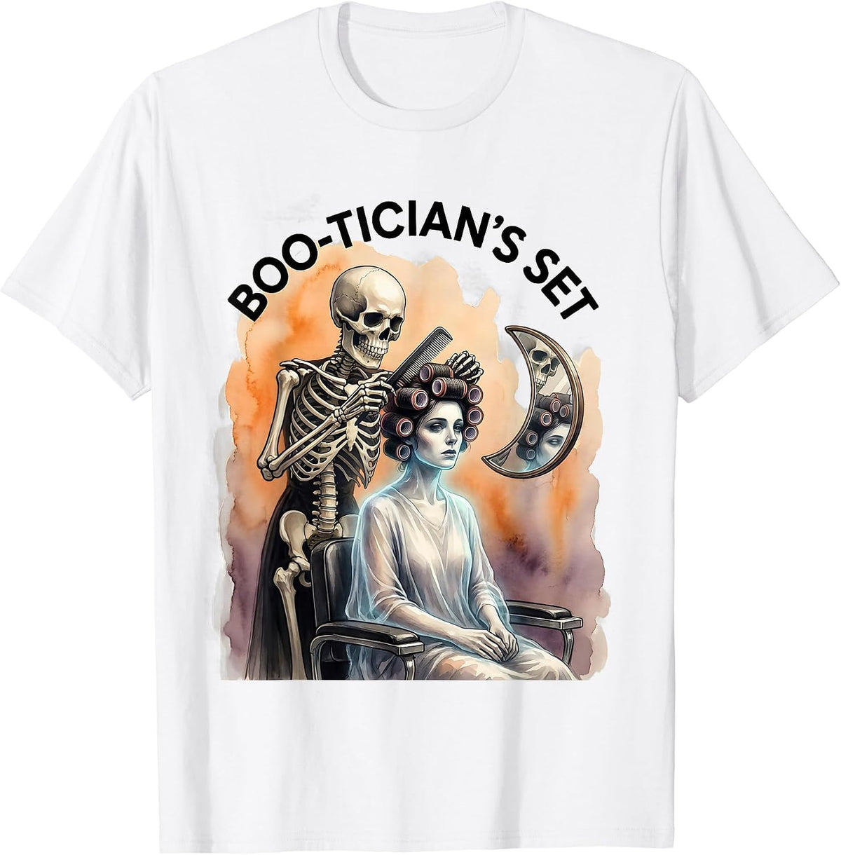 Men's Boo-Tician's Set Watercolor Skeleton Hairstylist Halloween T-Shirt - White