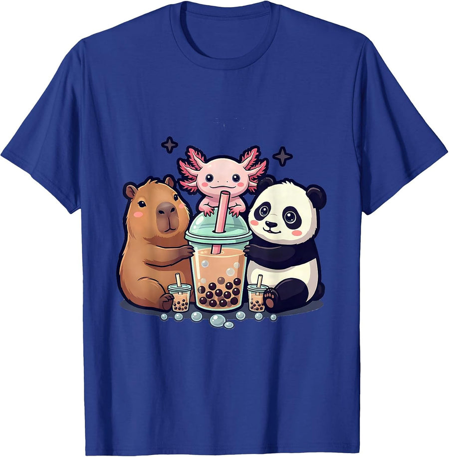 Capybara Axolotl Panda Chibi Kawaii Anime Boba Tea Girls T-Shirt - Royal Blue