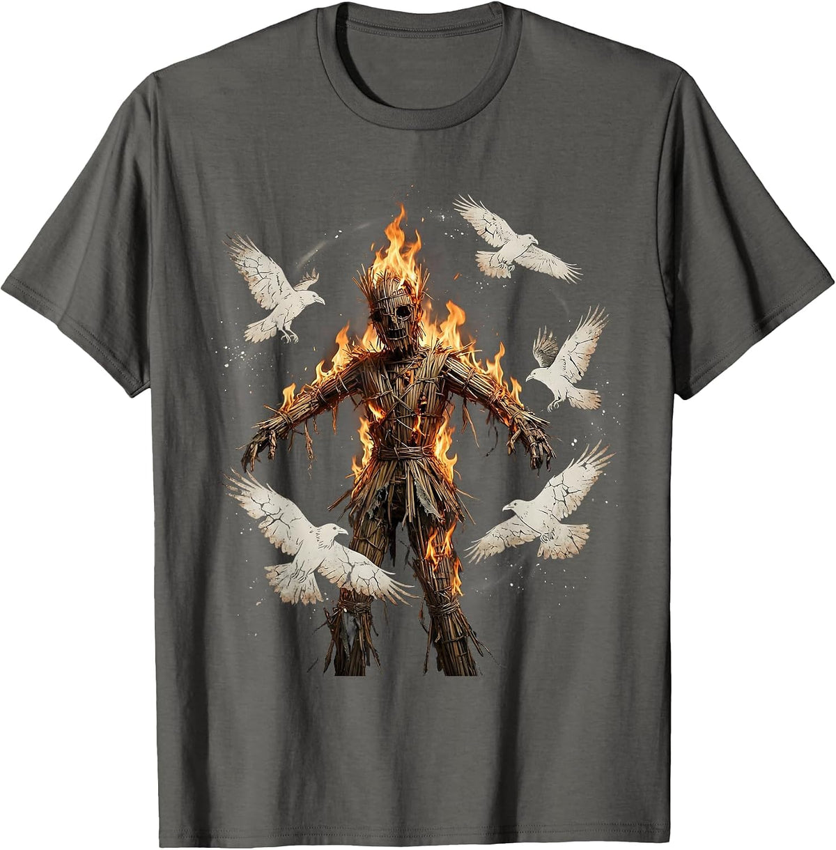 Burning Effigy and Ravens Dark Horror Graphic T-Shirt - Asphalt Grey