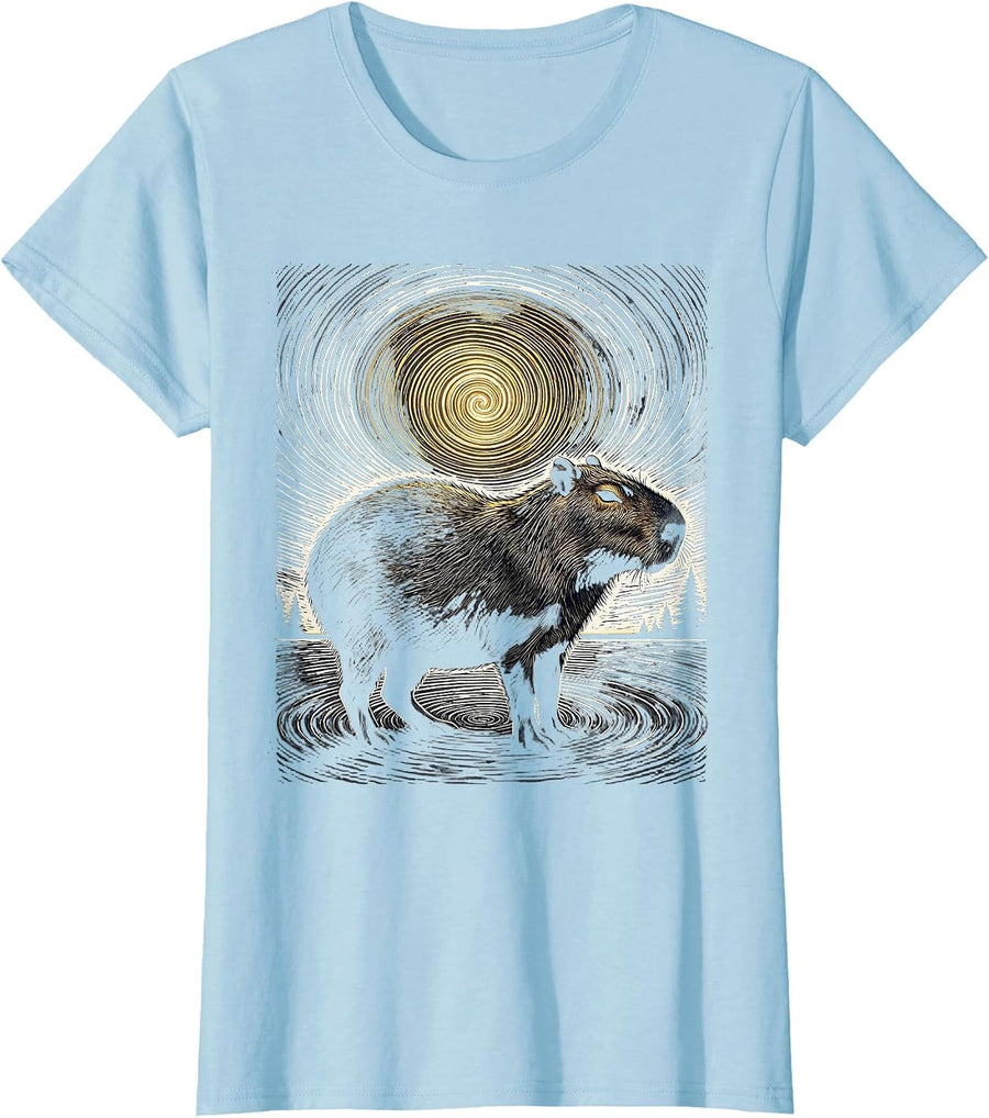 Women's Capybara Starry Night Van Gogh Animal Lover Humor T-Shirt - Baby Blue