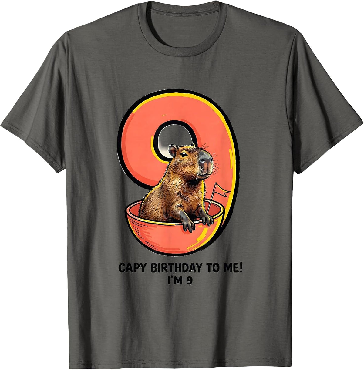 Capy Birthday To Me! I'm 9 Funny Kids Age Pun Capybara T-Shirt - Asphalt Grey