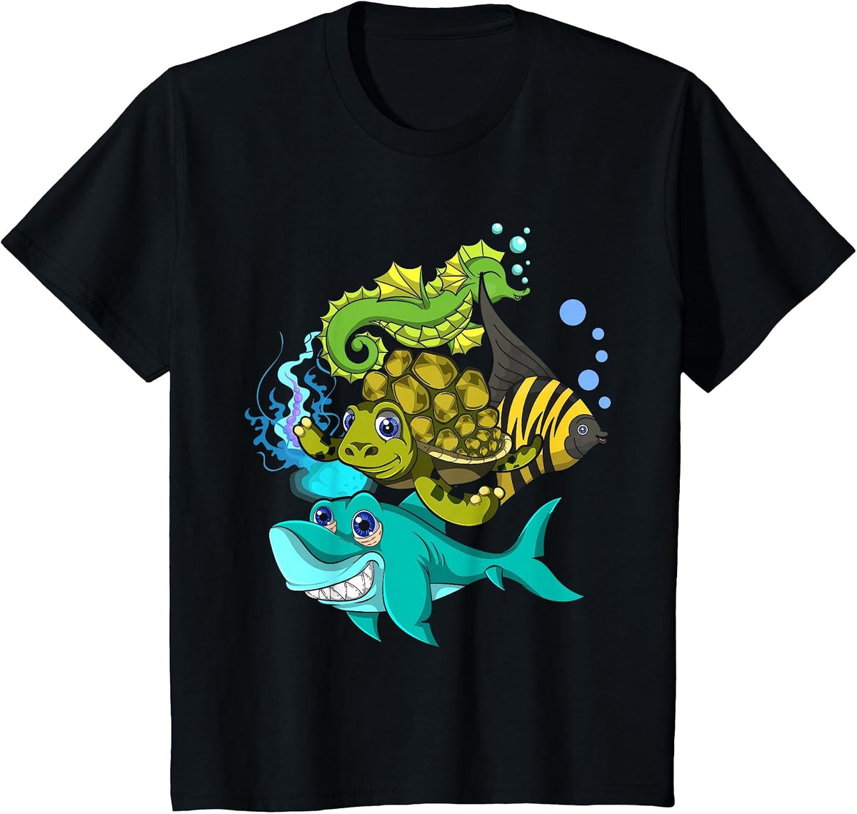 Seahorse Turtle Shark Funny Ocean Animal Squad Kids Animal T-Shirt - Black