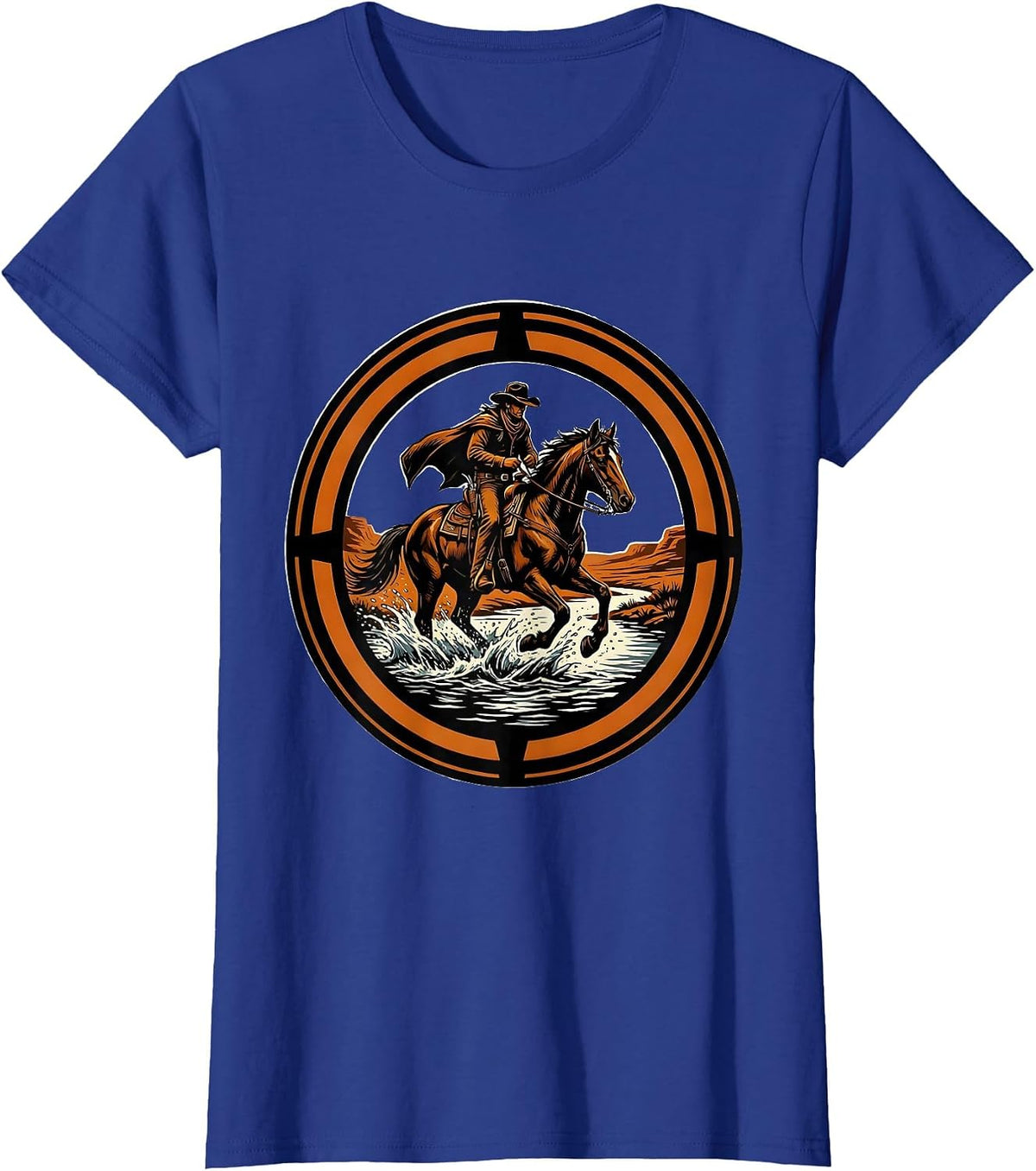 Women's Cowboy River Crossing Western Horse Riding Graphic T-Shirt - Royal Blue