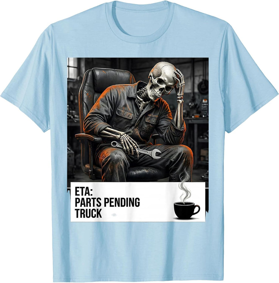 Men's ETA PARTS PENDING TRUCK Funny Mechanic Skeleton Auto Repair T-Shirt - Baby Blue