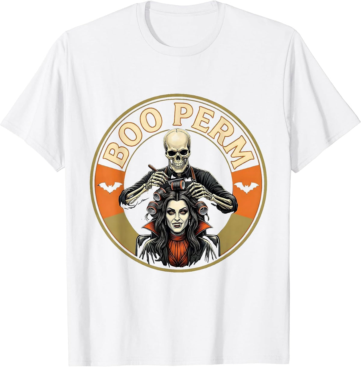 Men's Boo Perm Funny Skeleton Hairstylist Halloween Barber Humor T-Shirt - White