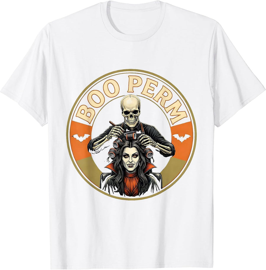 Men's Boo Perm Funny Skeleton Hairstylist Halloween Barber Humor T-Shirt - White