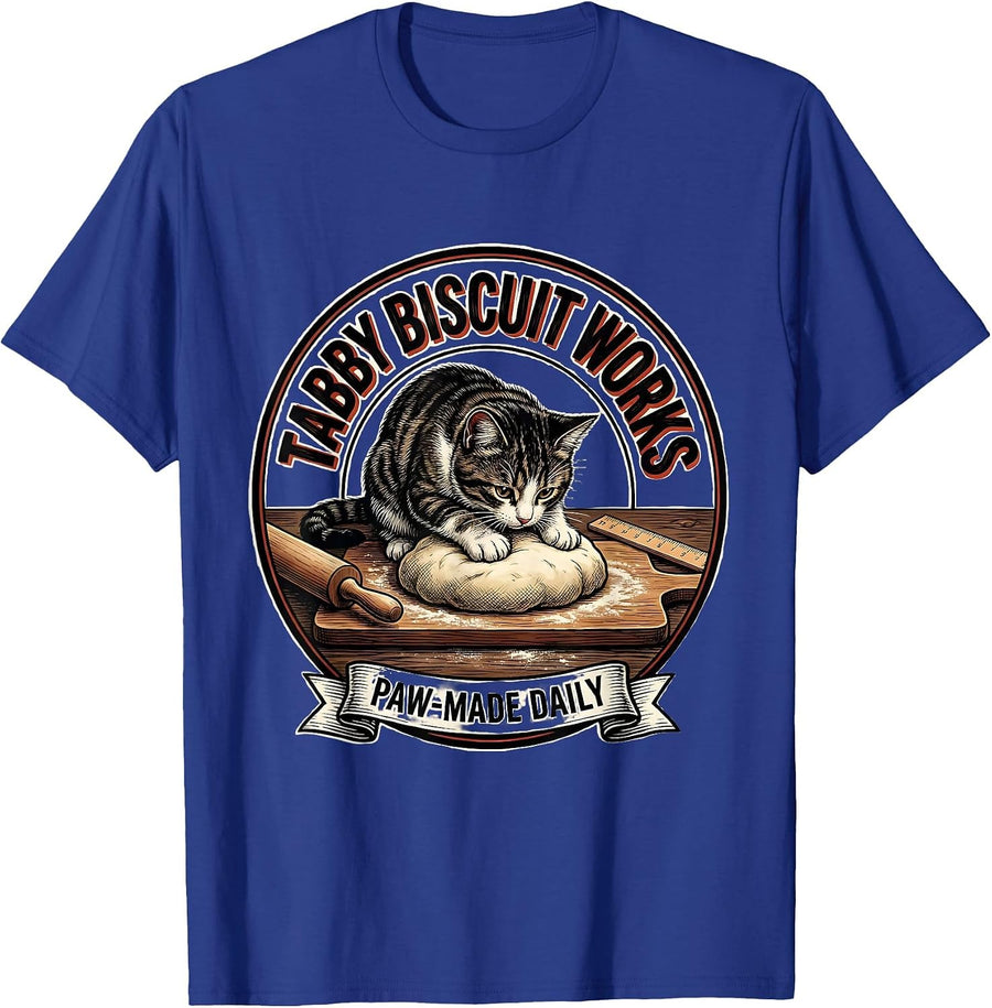 Tabby Biscuit Works Paw-Made Daily Funny Cat Lover Baking T-Shirt - Royal Blue