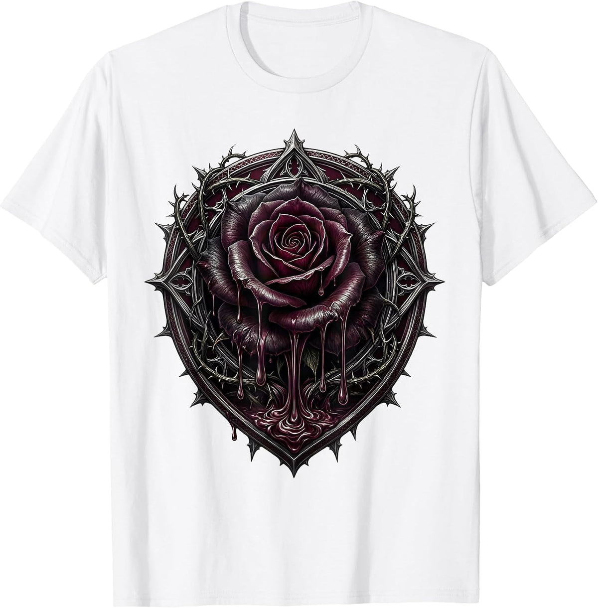 Men's Black Rose Dripping Teardrops Emo Gothic Design T-Shirt - White