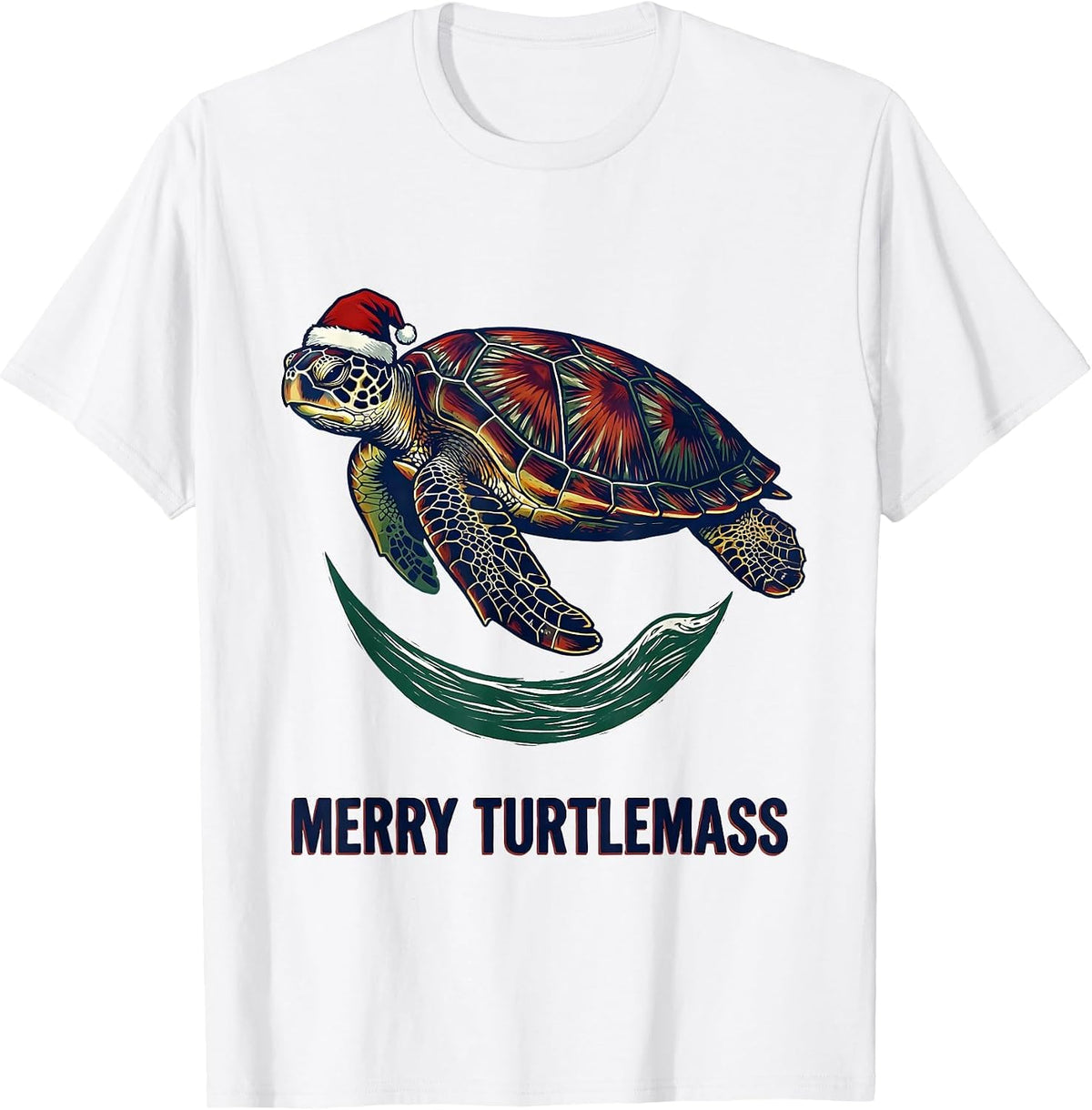 Men's Merry Turtlemass Linocut Sea Turtle Santa Hat Holiday T-Shirt - White