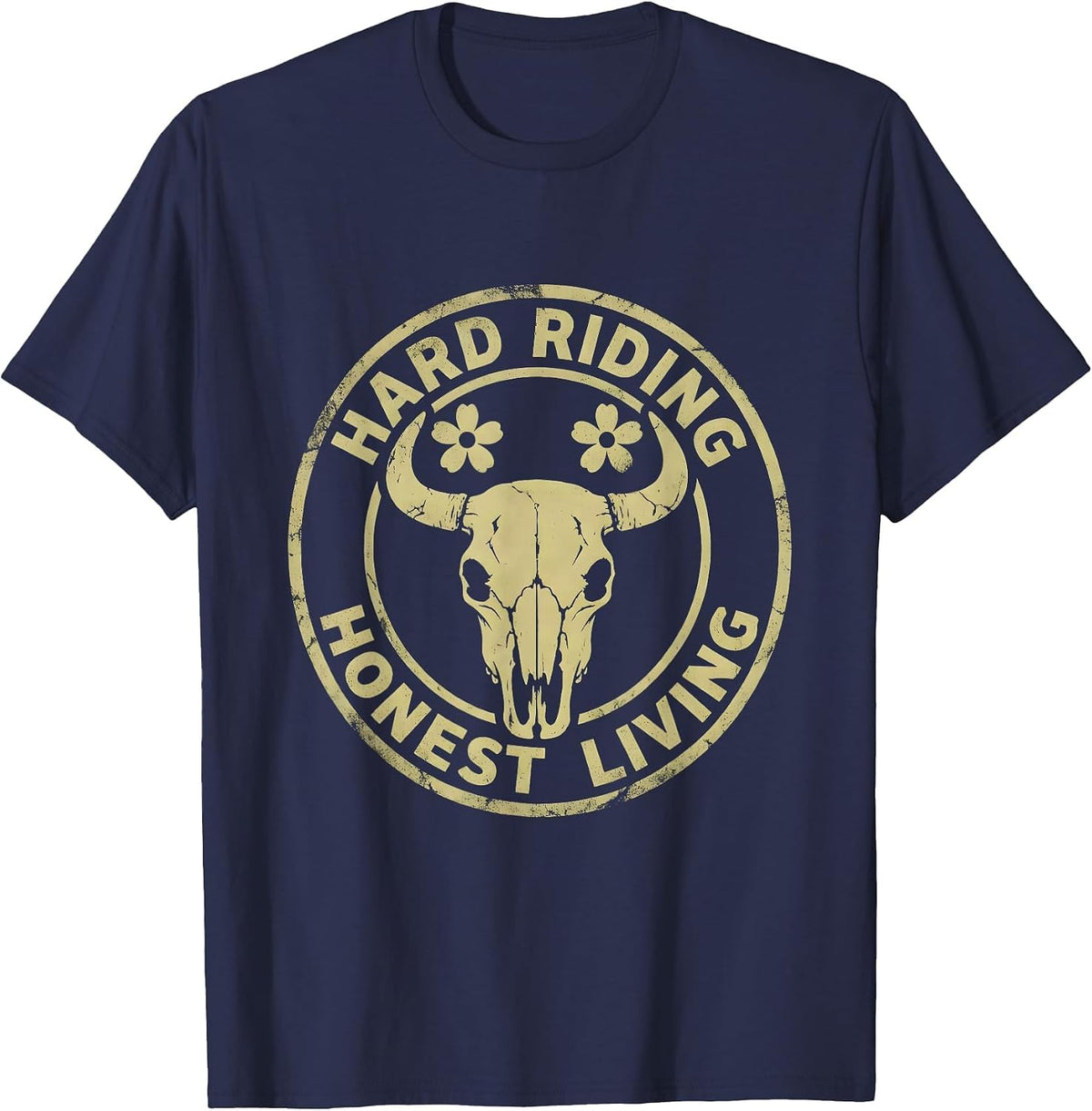 Hard Riding Honest Living Cowboy Design T-Shirt - Navy Blue