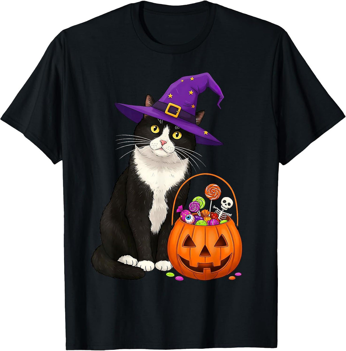 Tuxedo Witch Cat & Halloween Candy Basket for Men Women Kids T-Shirt - Black